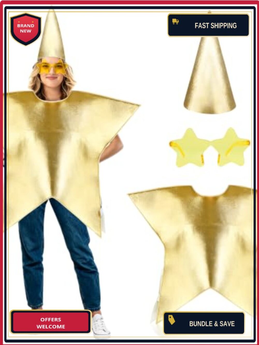 Adult Gold Star Costume Cosplay Nativity Halloween Dress Hat Glasses Set
